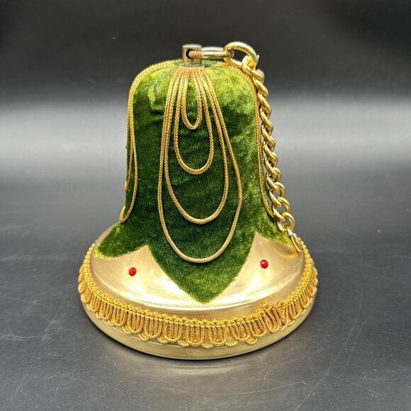 Vintage Green Velvet Gold Christmas Bell Music Box Hanging Decoration Japan - Picture 5 of 11